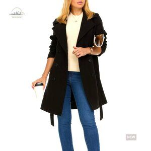 Double-Breasted Faux Wool Trench Coat, Long Winter Coat, Fitted Belted Style